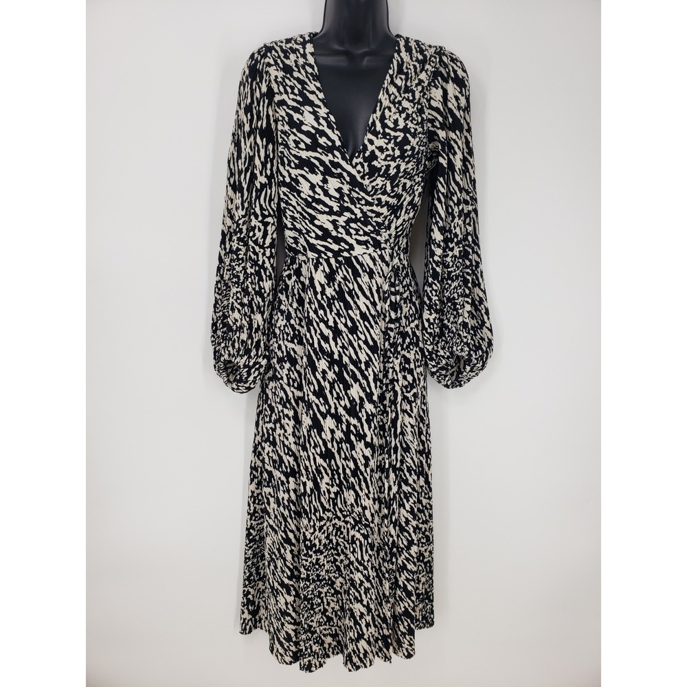 H&M Abstract Print Plisse Wrap Midi Dress Sz S Black Cream Pleated Long Sleeves